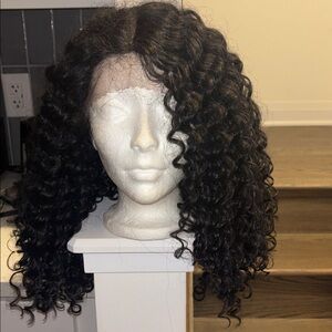 Natural black 1B Long Wavy Curly Hair Wig Bangs Synthetic Fibre Sz 16”